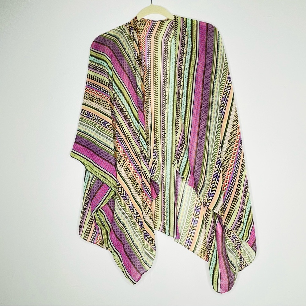 Colorful Bright Geometric Striped open front kimono top Handkerchief hem OS